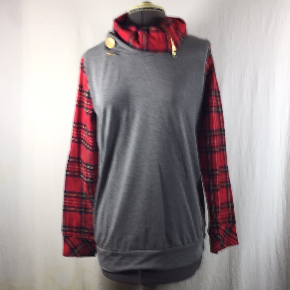 Light Weigh Sweat Shirt w Plaid Sleeves Size L